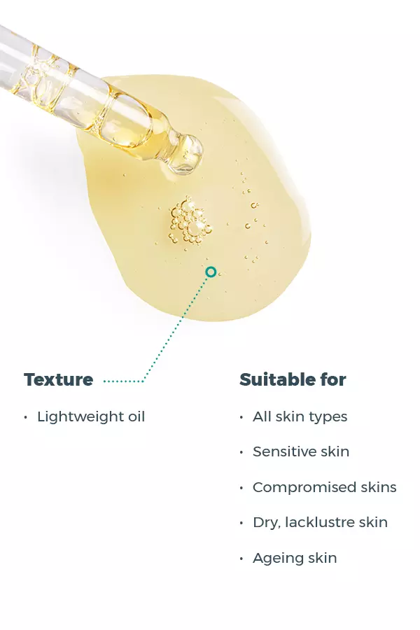 A dropper dispenses light yellow Esse Protect Oil onto a white surface. Text: "Texture: Lightweight oil." "Suitable for: All skin types, sensitive, compromised, dry, dull, and ageing skin.