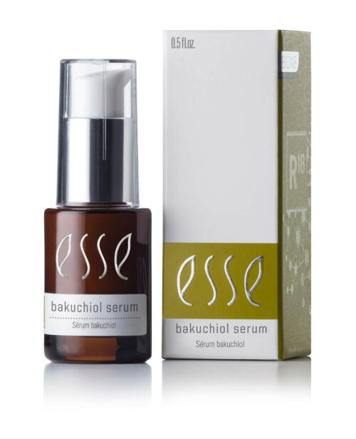 A bottle of Esse Bakuchiol Serum is displayed next to its box. The bottle is brown with a white pump and a white label featuring the brand name "esse" and product name "bakuchiol serum." The box has matching colors and text, indicating it contains 0.5 fl oz.
