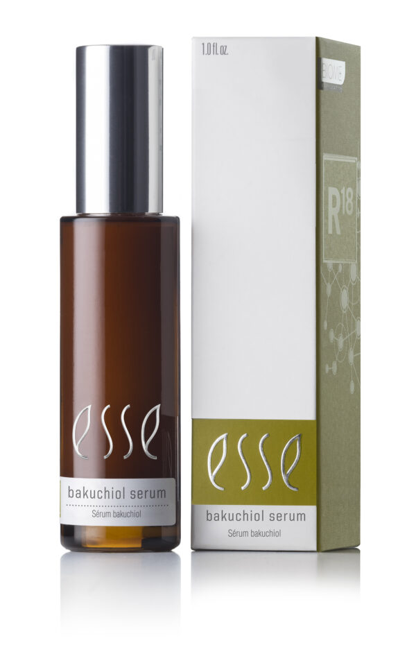 An amber glass bottle with a silver cap labeled "Esse Bakuchiol Serum" sits beside its green and white packaging box. The packaging reads "1.0 fl oz," "Serum Bakuchiol," "R18," and features a molecular design.
