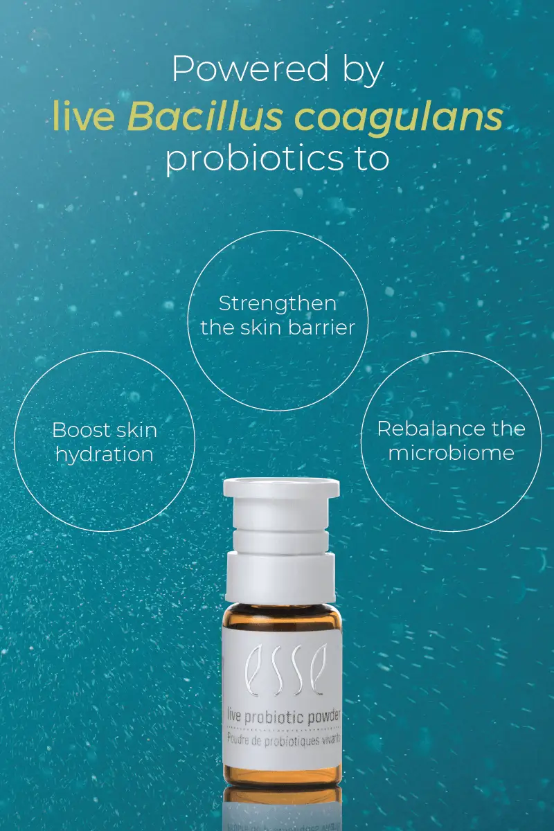 A small bottle labeled "Live Probiotic Mist" is shown against a blue background with bubbles. Text highlights benefits: "Strengthen the skin barrier," "Boost skin hydration," and "Rebalance the microbiome.
