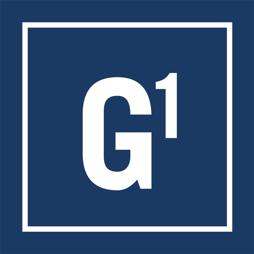 White "G1" text in a bold, modern font centered on a dark blue square background, bordered by a thin white square outline.