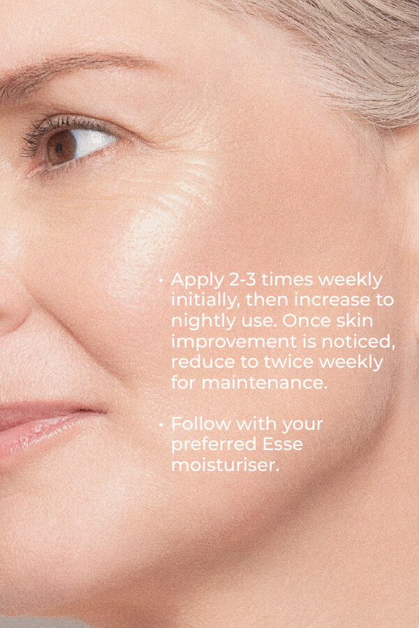 A close-up of a mature woman’s smooth skin. Overlaid text advises applying Esse Probiotic Serum 2-3 times weekly, then nightly, and reducing to twice a week for maintenance, followed by Esse moisturizer.