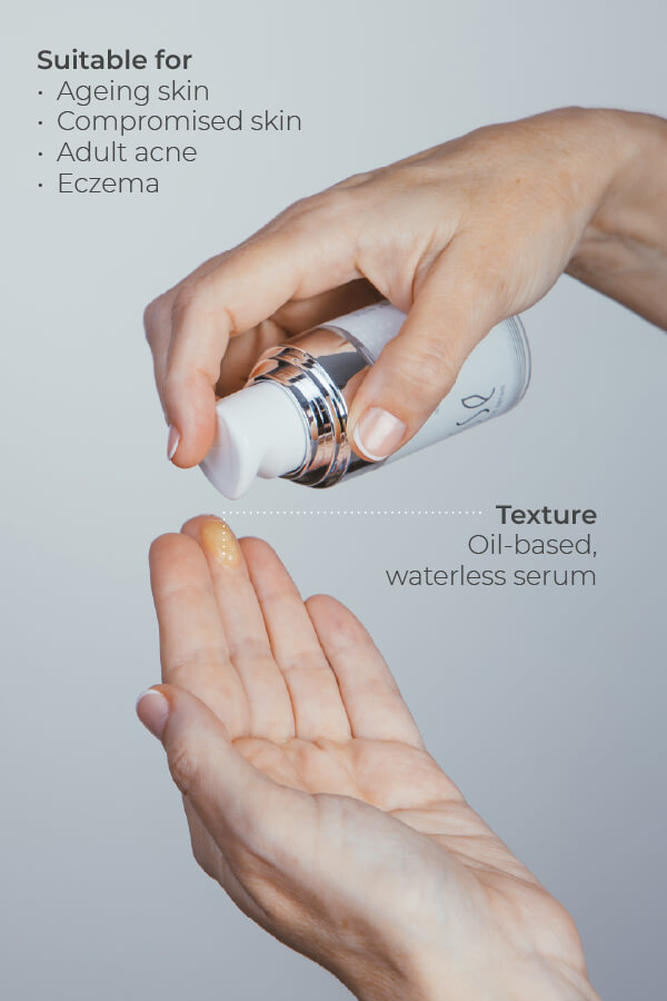 A hand dispenses Esse Probiotic Serum, an oil-based, waterless serum, from a pump bottle. Text reads: "Suitable for ageing skin, compromised skin, adult acne, and eczema. Texture: oil-based, waterless serum.