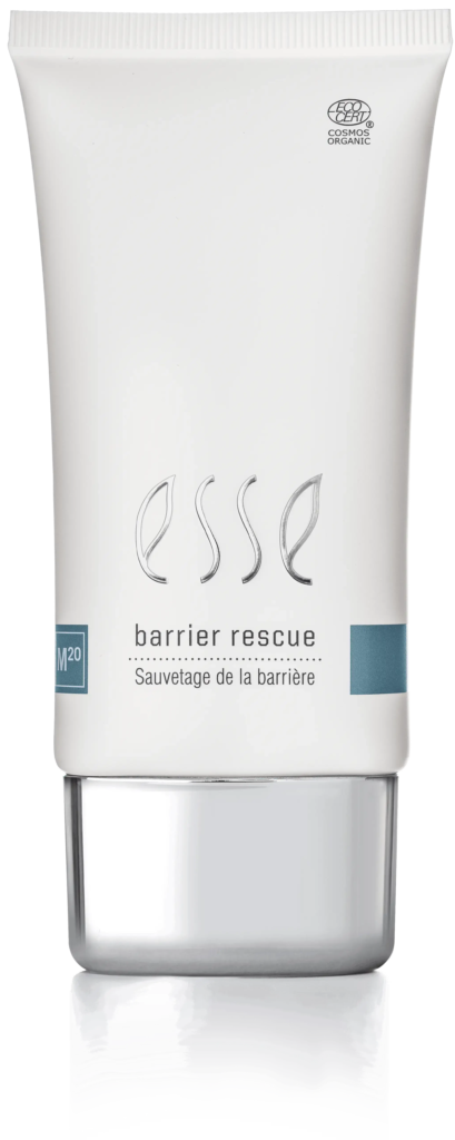 A white tube labeled “esse barrier rescue” with a silver base, French translation under the product name, and a blue stripe on the lower right side of the label. The container stands upright on a white background, showcasing the clean and elegant aesthetic featured on the Esse Barrier Rescue Landing Page.