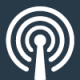 Icon depicting a central broadcasting tower with concentric circles radiating outward, suggesting a wireless signal or radio waves, set against a dark background.